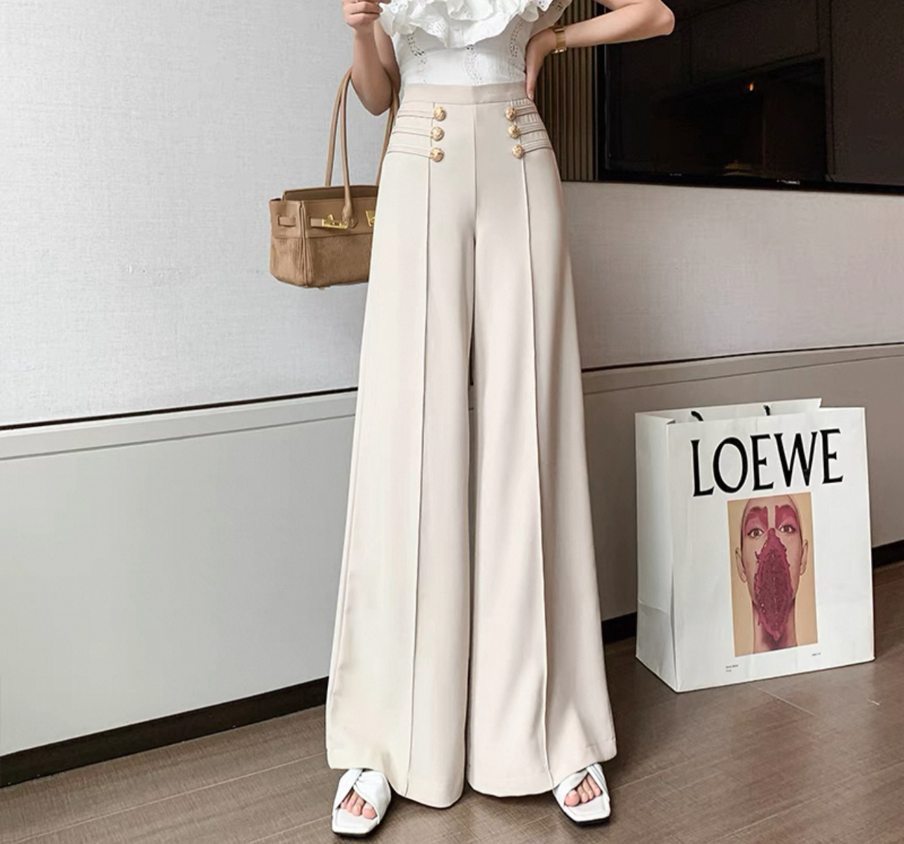 韓系高腰扣子寬西褲