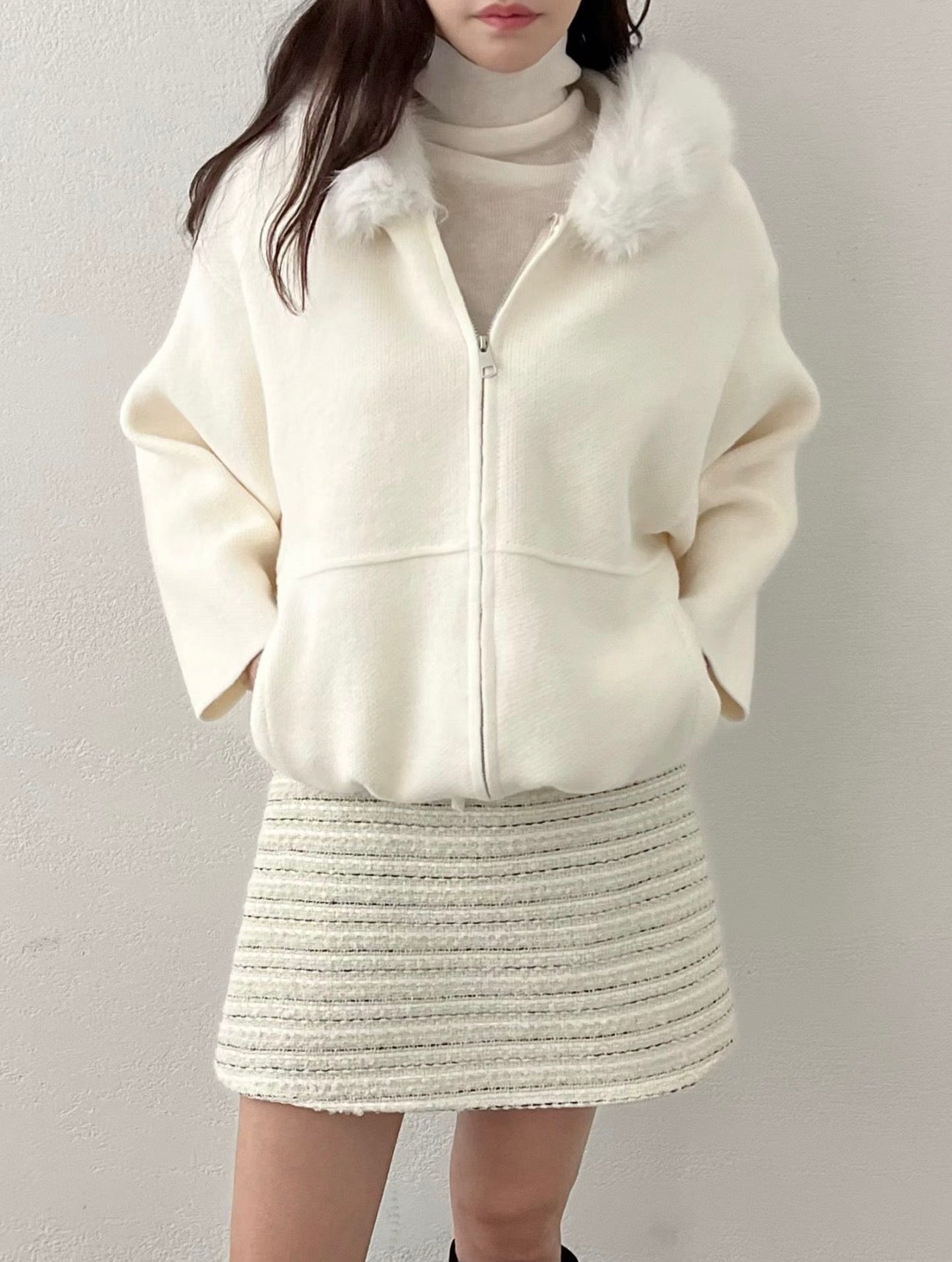 韓系毛毛帽拉鏈針織外套