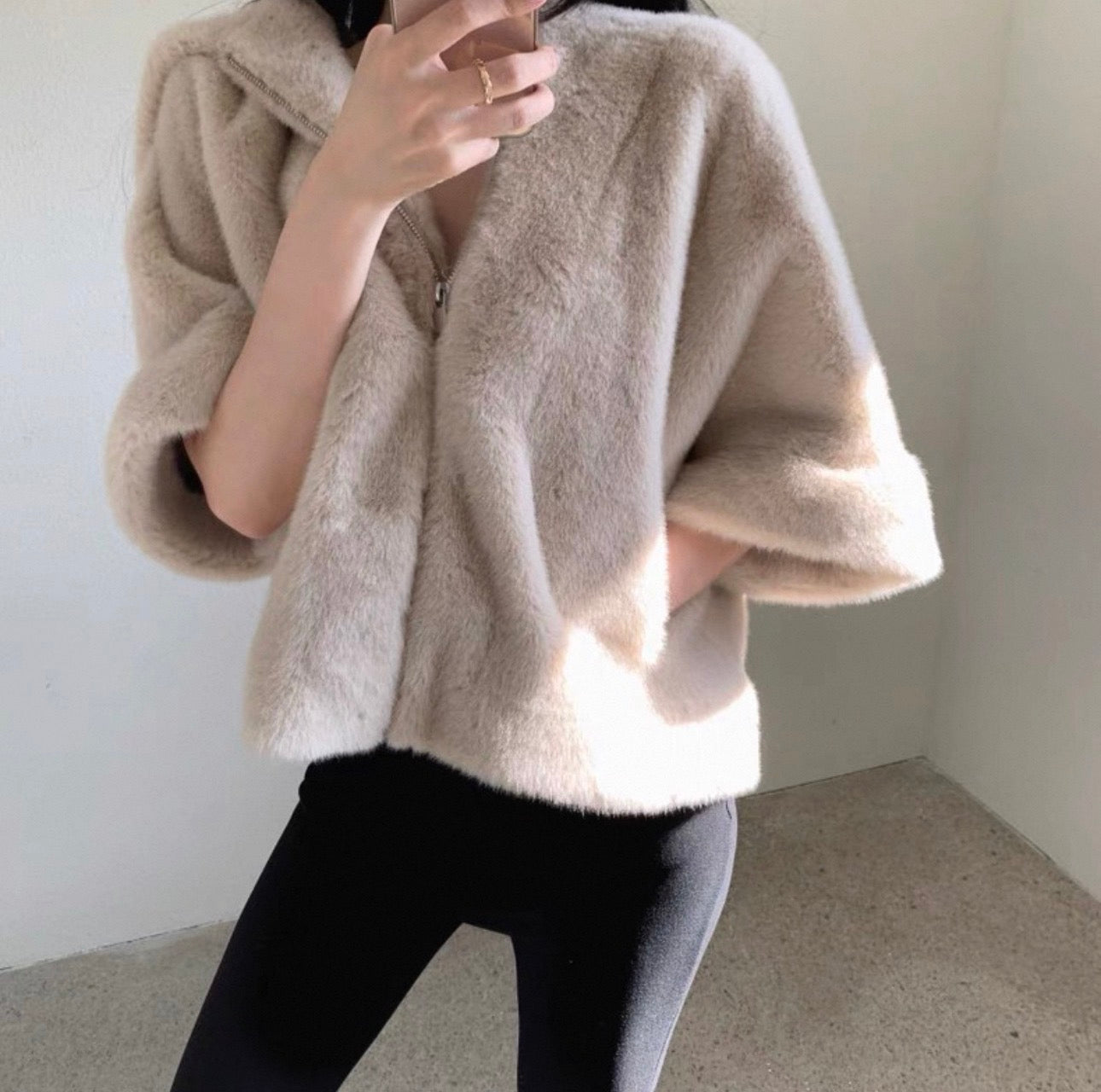 韓系中袖連帽拉鏈毛毛褸