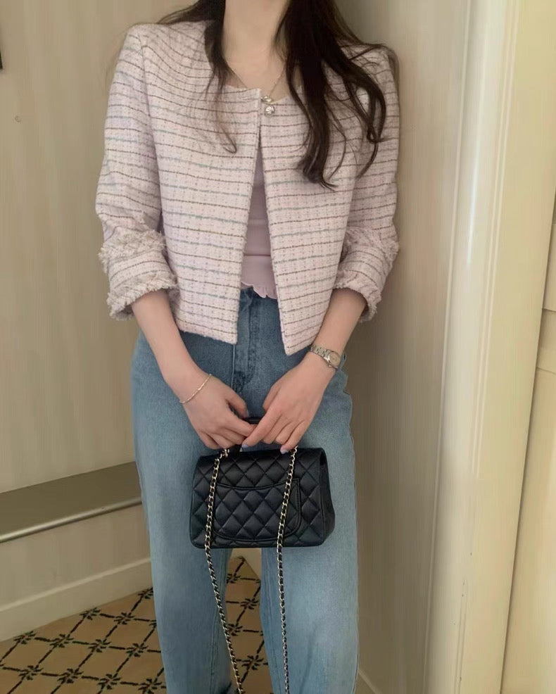 韓系流蘇袖格子小香風外套