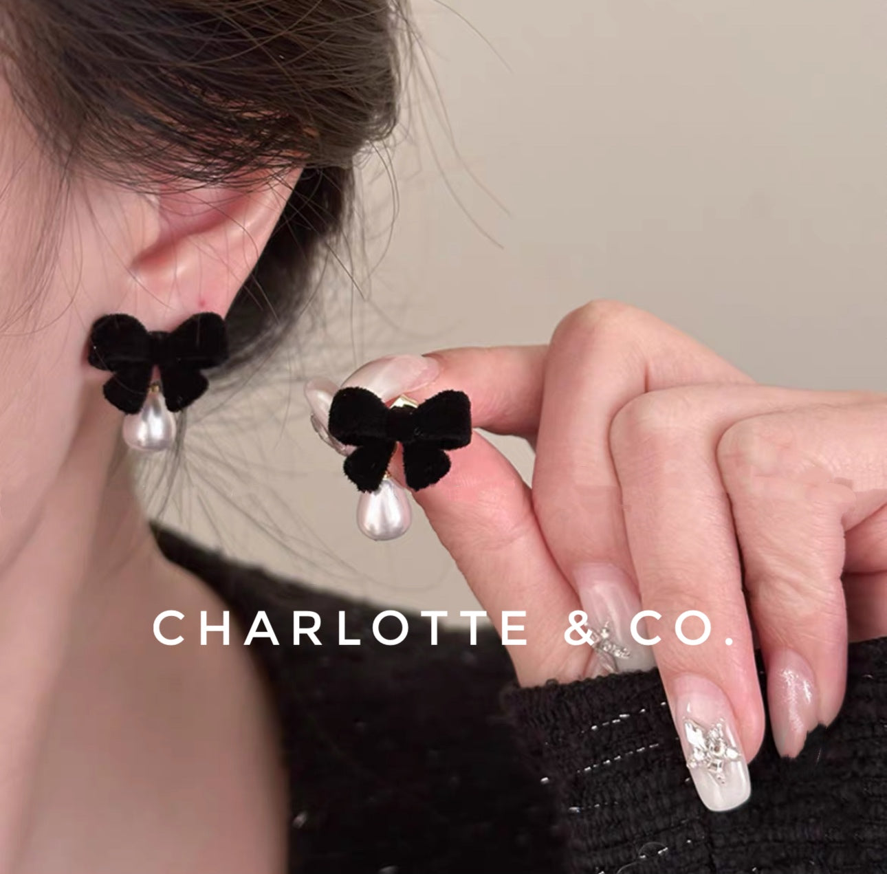 韓系蝴結小水滴珠耳環