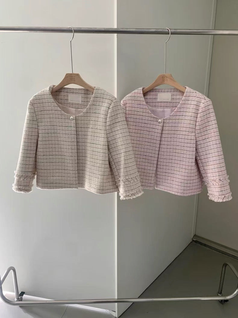 韓系流蘇袖格子小香風外套