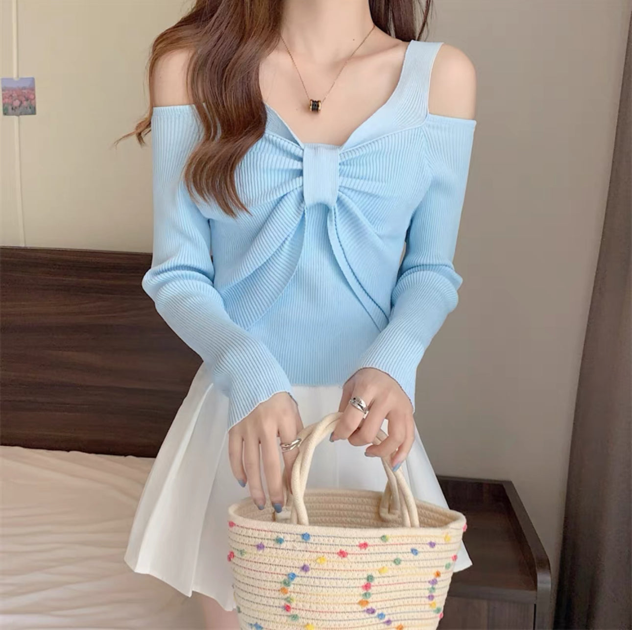 韓系一字肩蝴結針織上衣