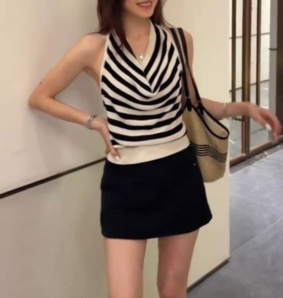 韓系掛項條紋針織背心