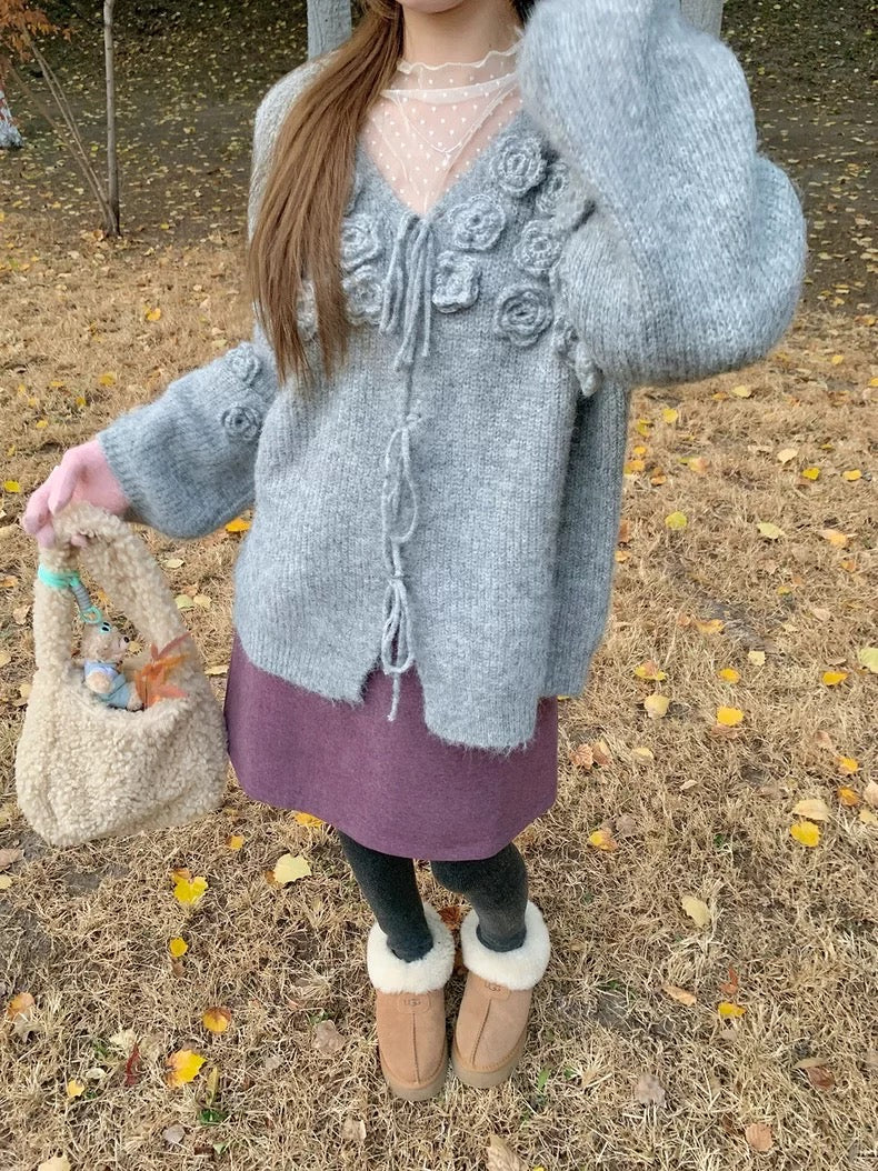 韓系V 領綁結立體玫瑰花針織上衣