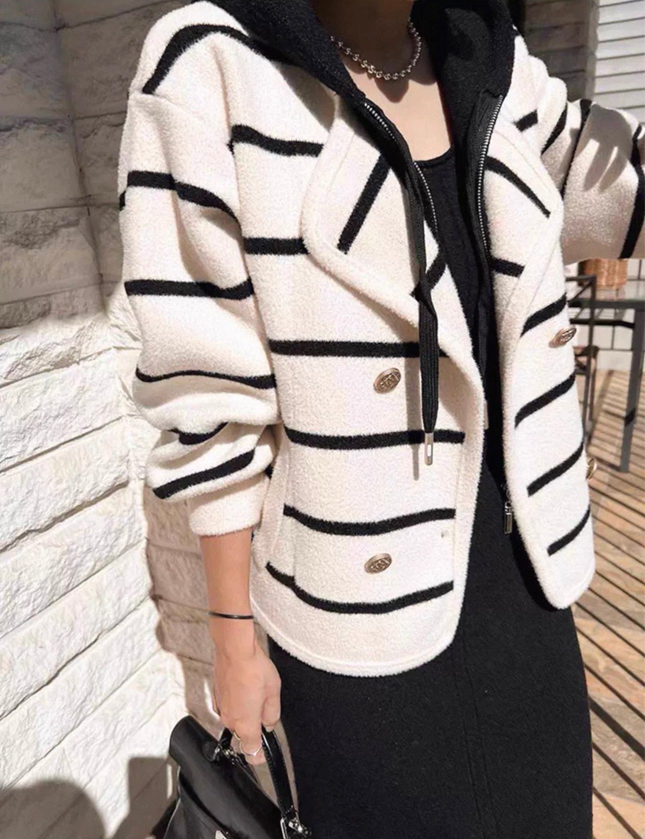韓系條紋扣子連帽假兩件外套