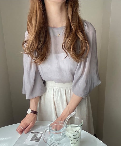 韓系透視泡泡袖上衣連吊帶Set