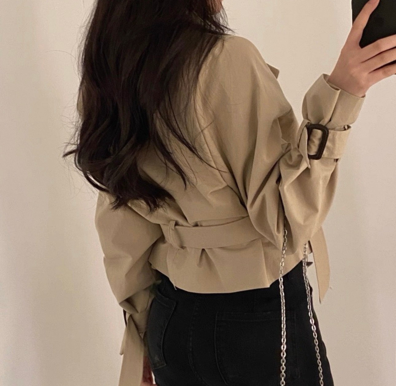 韓系綁腰短風衣外套