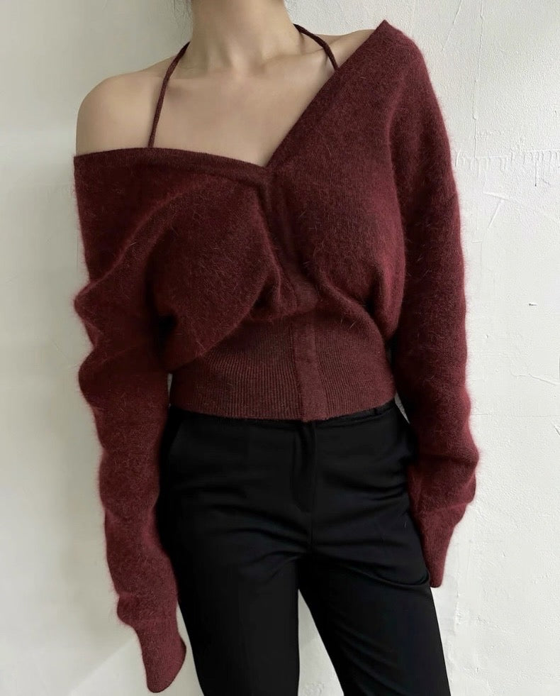 韓系V 領掛項收腰針織上衣