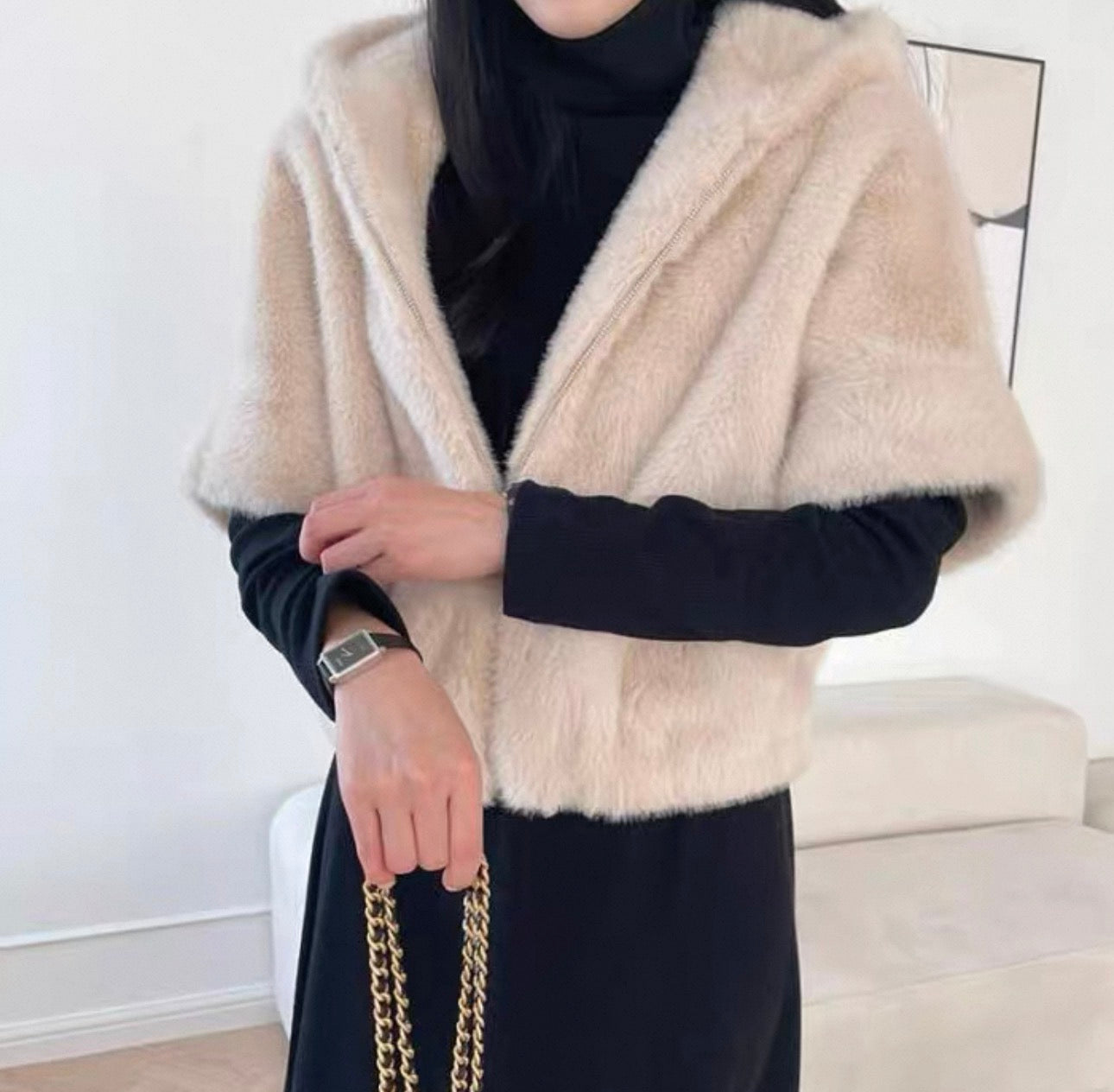 韓系中袖連帽拉鏈毛毛褸