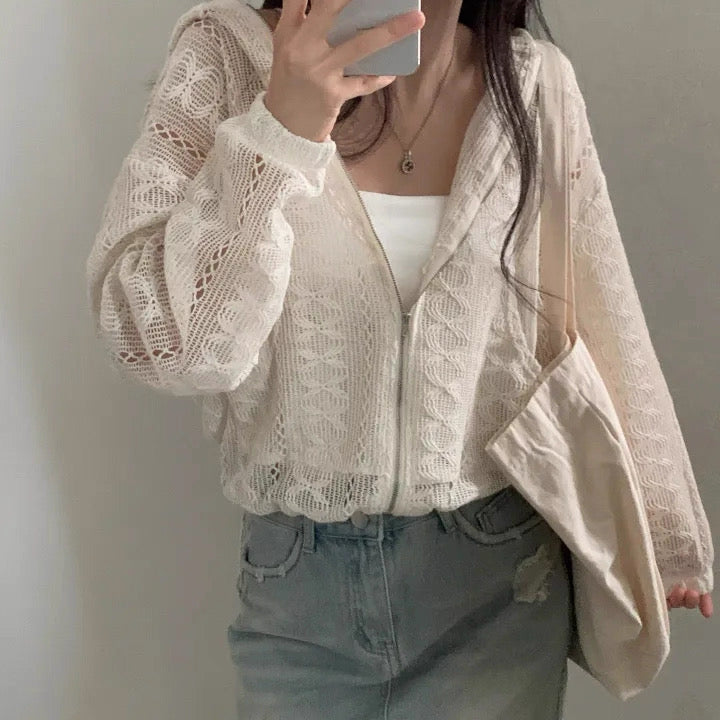 韓系鏤空緹花拉鏈外套