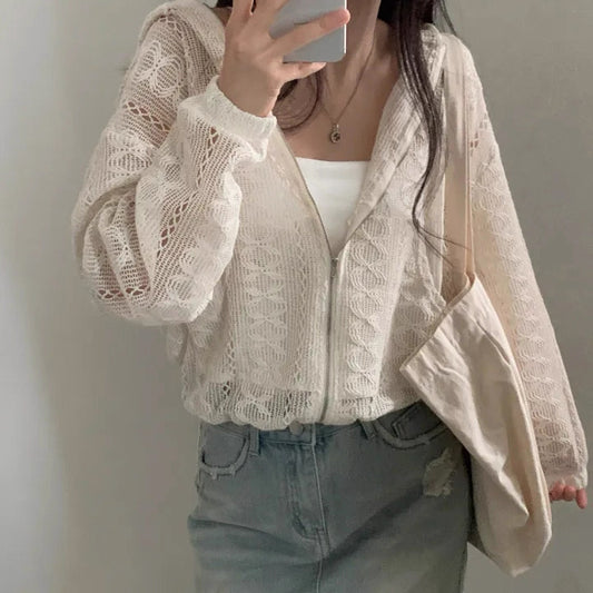 韓系鏤空緹花拉鏈外套