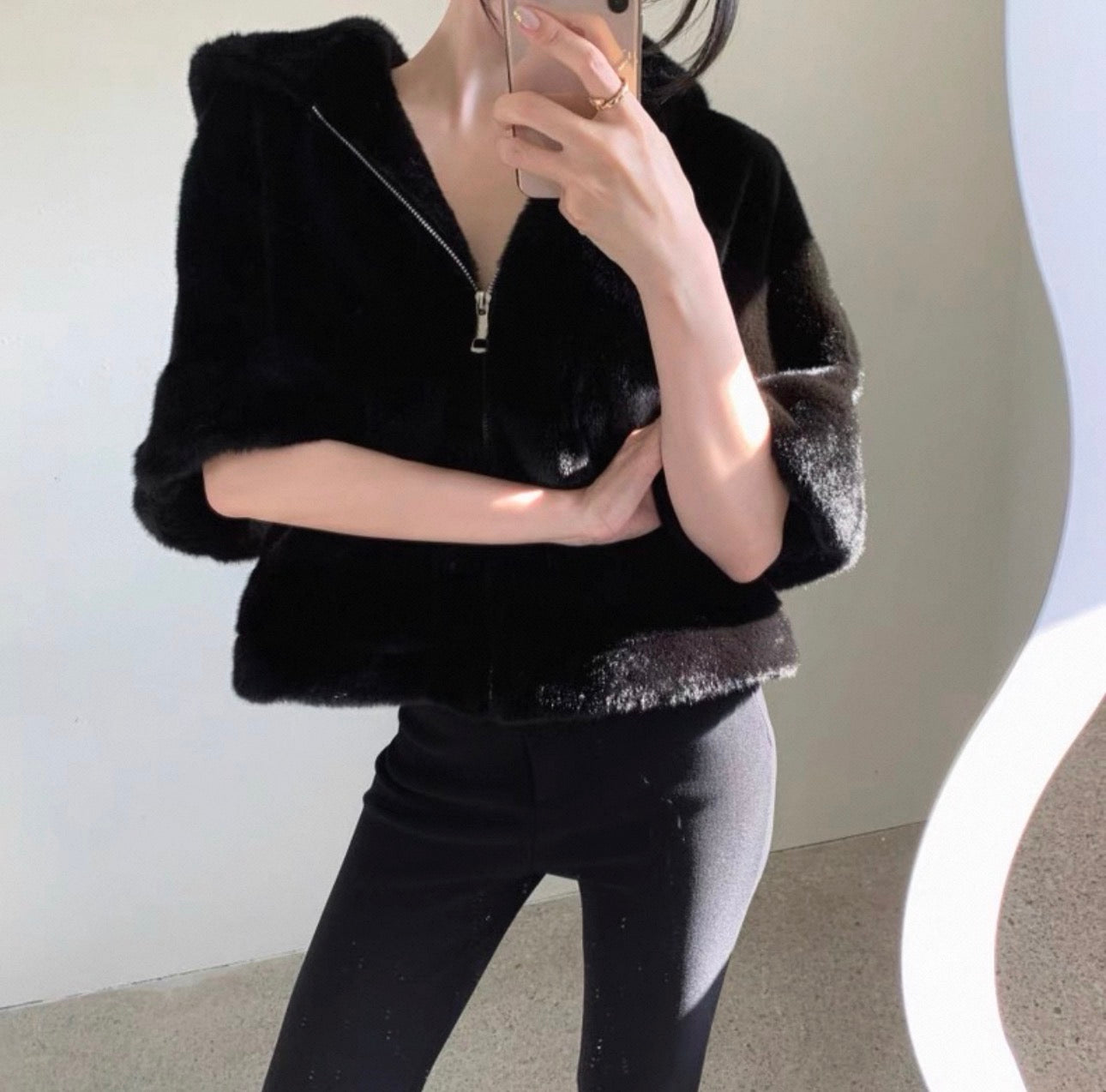 韓系中袖連帽拉鏈毛毛褸