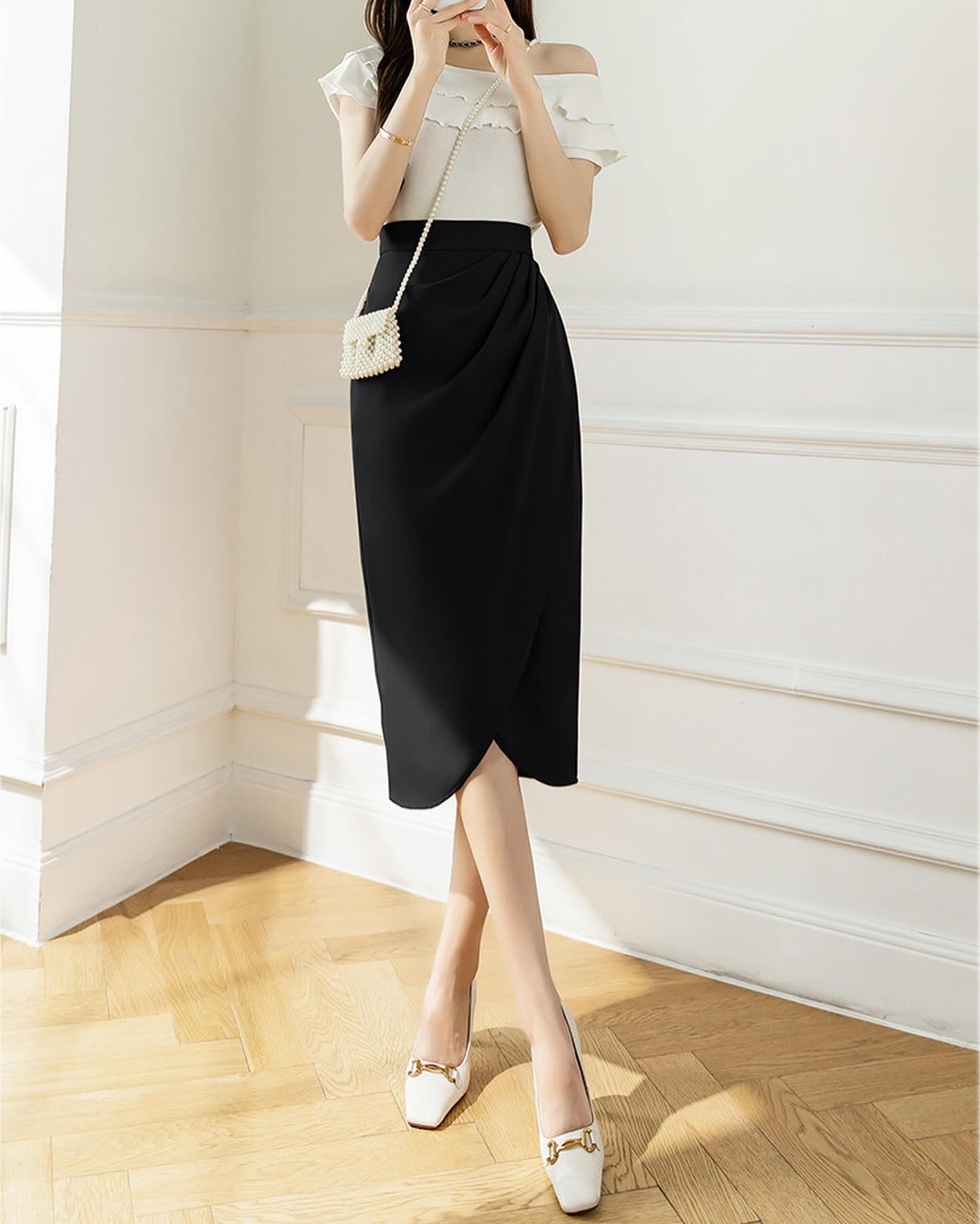 韓系高腰側開叉半身西裙