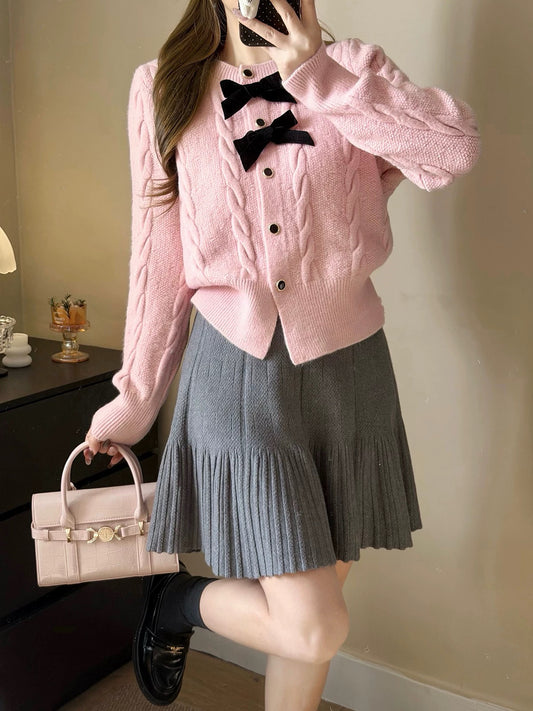 韓系高腰紋理針織短裙/ 兩蝴結針織