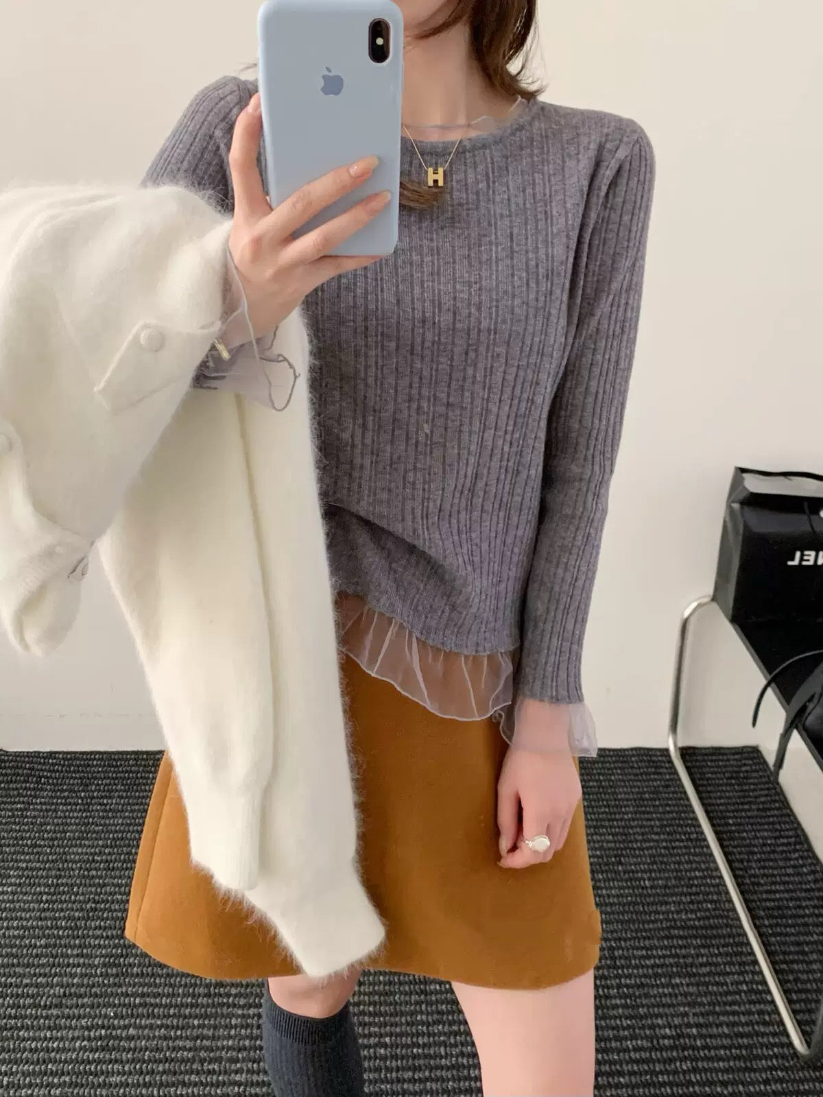 韓系坑紋拼紗邊上衣