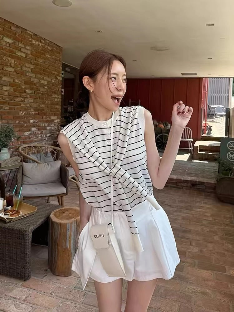 韓系條紋衫假兩件針織上衣Set