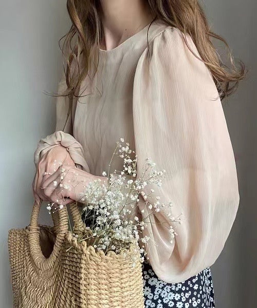 韓系透視泡泡袖上衣連吊帶Set