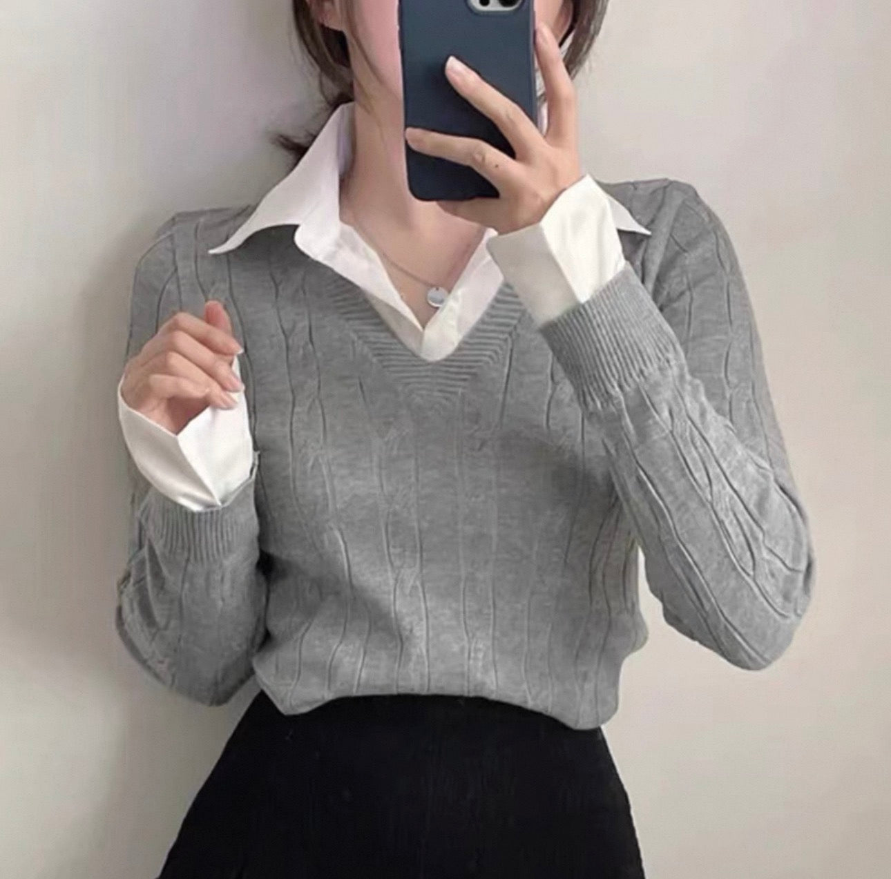 韓系襯衫領拼麻花針織假兩件上衣