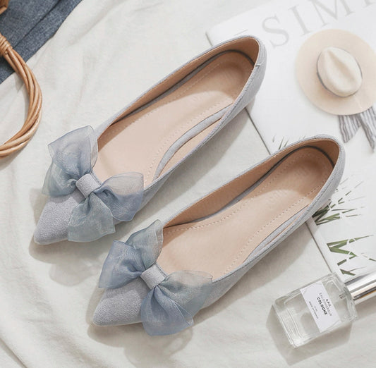 韓系藍蝴結尖頭平底鞋