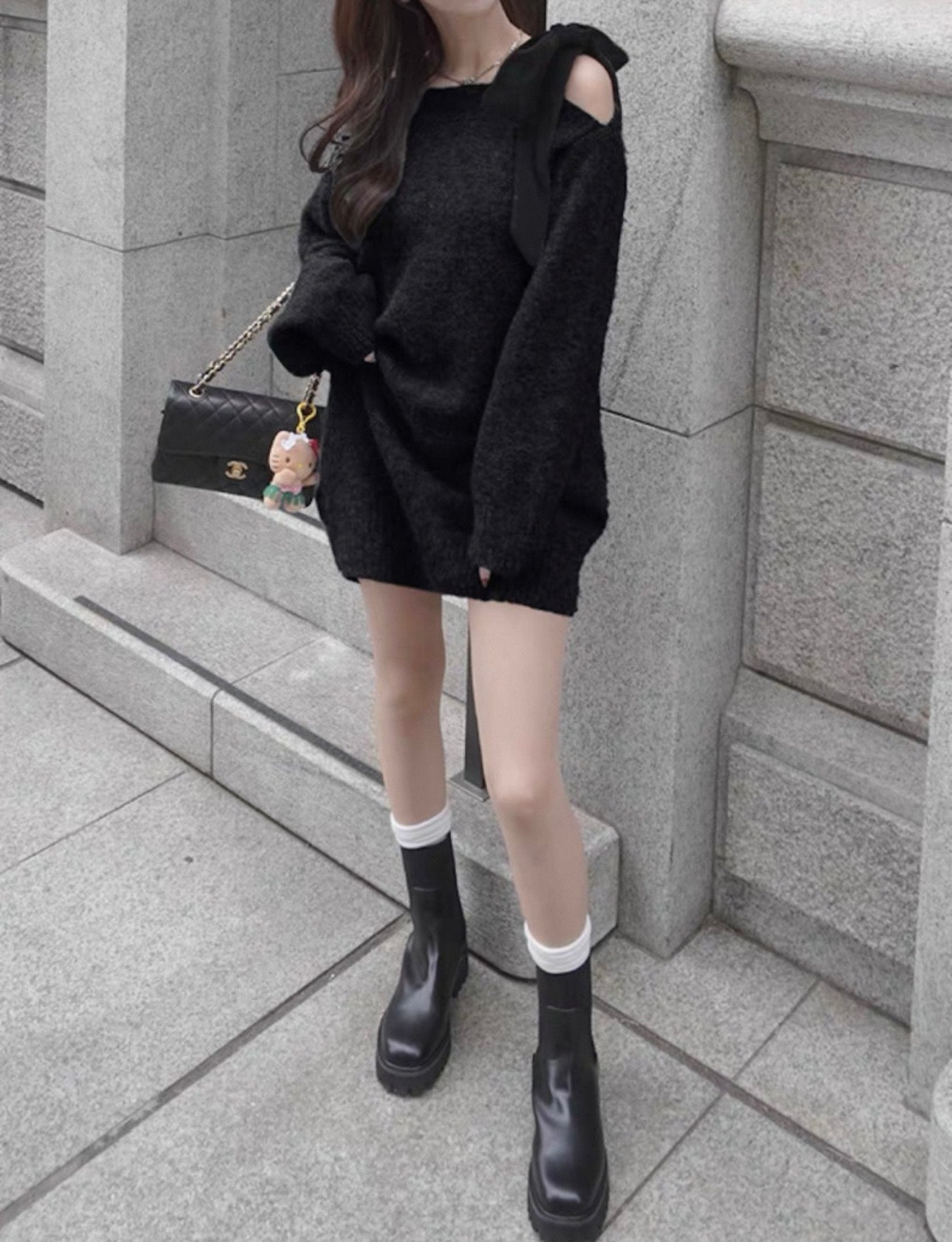 韓系半側肩綁結針織連身裙