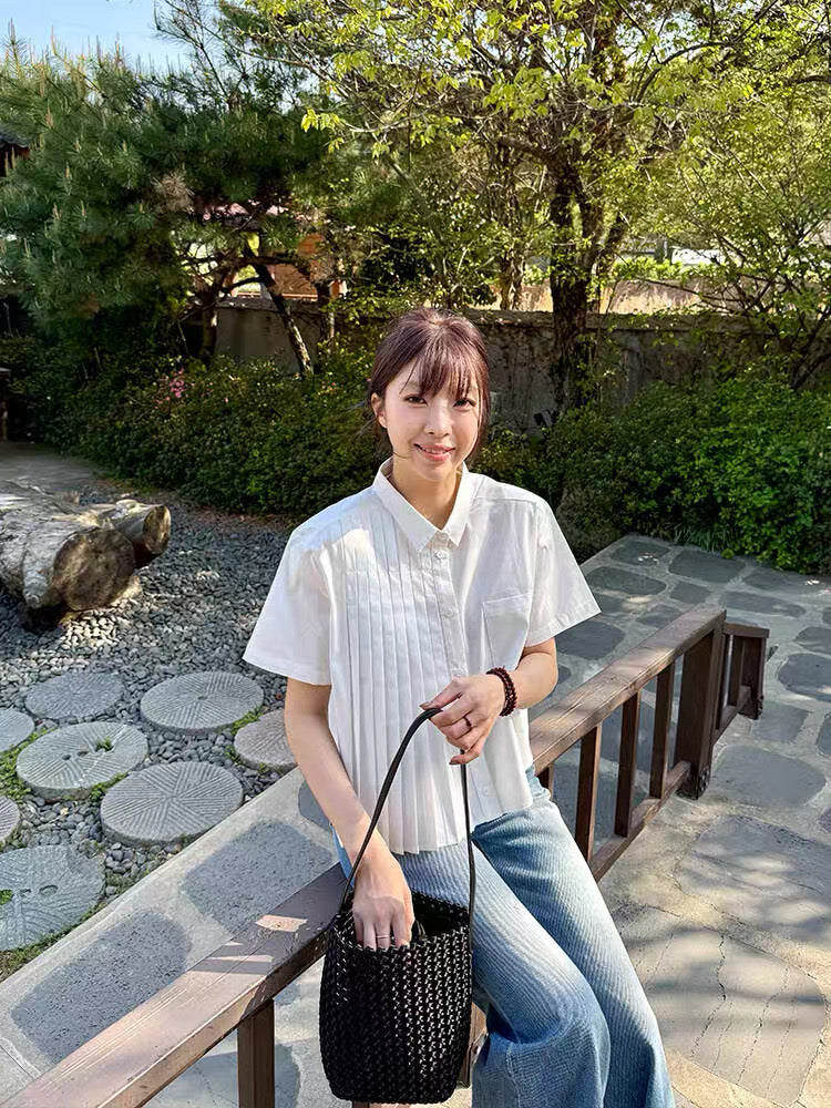 韓系半百褶扣子襯衫