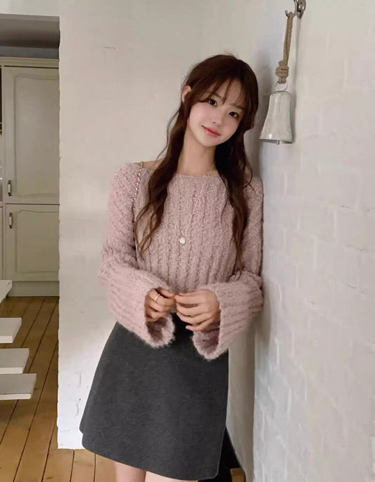 韓系大圓領寬鬆針織上衣