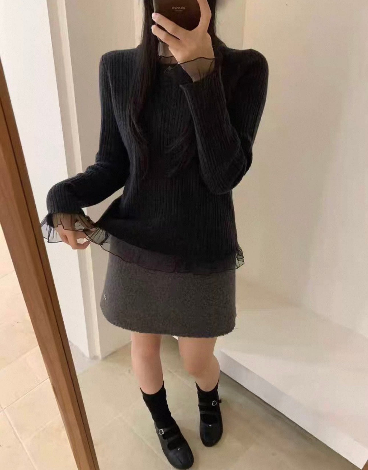 韓系坑紋拼紗邊上衣