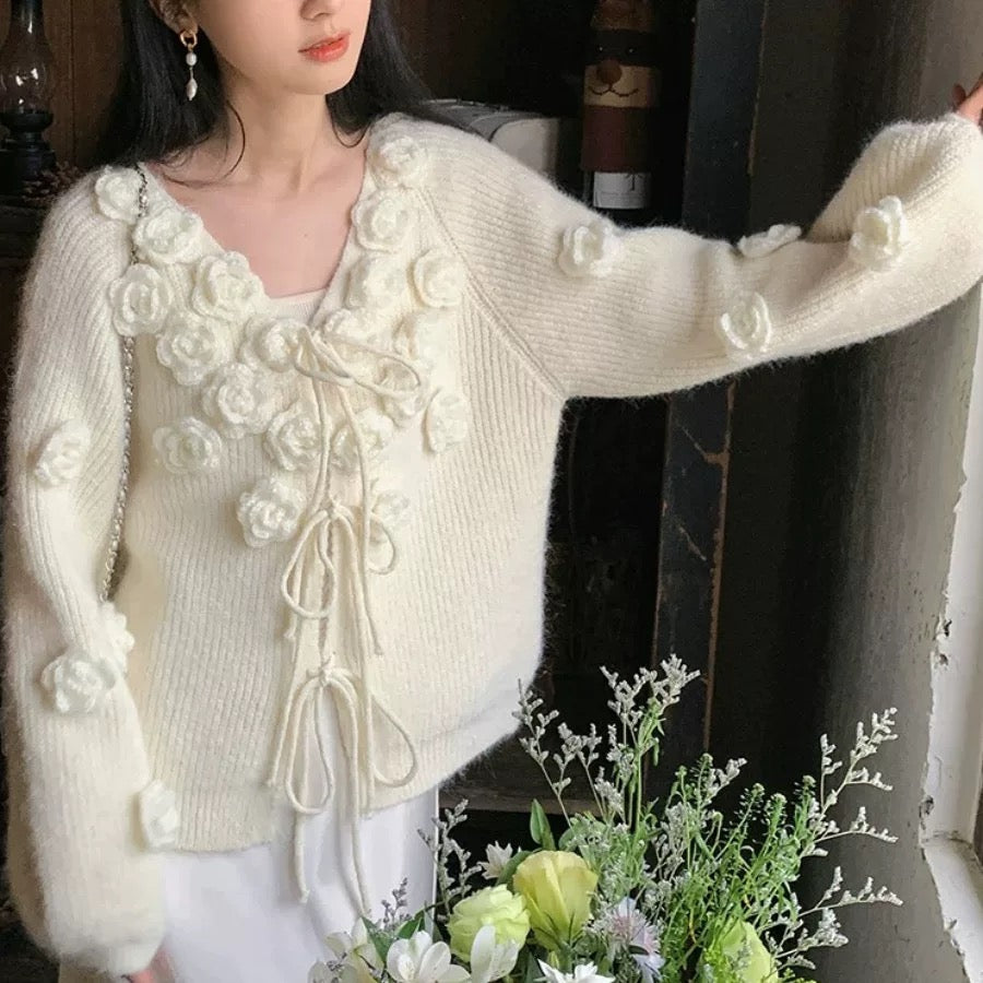 韓系V 領綁結立體玫瑰花針織上衣