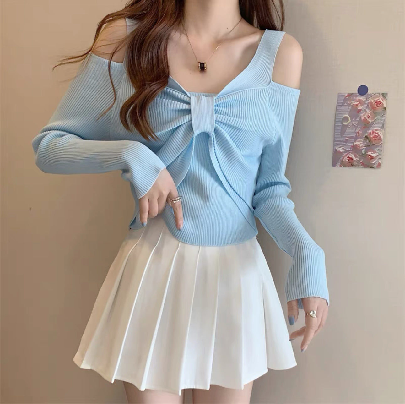 韓系一字肩蝴結針織上衣