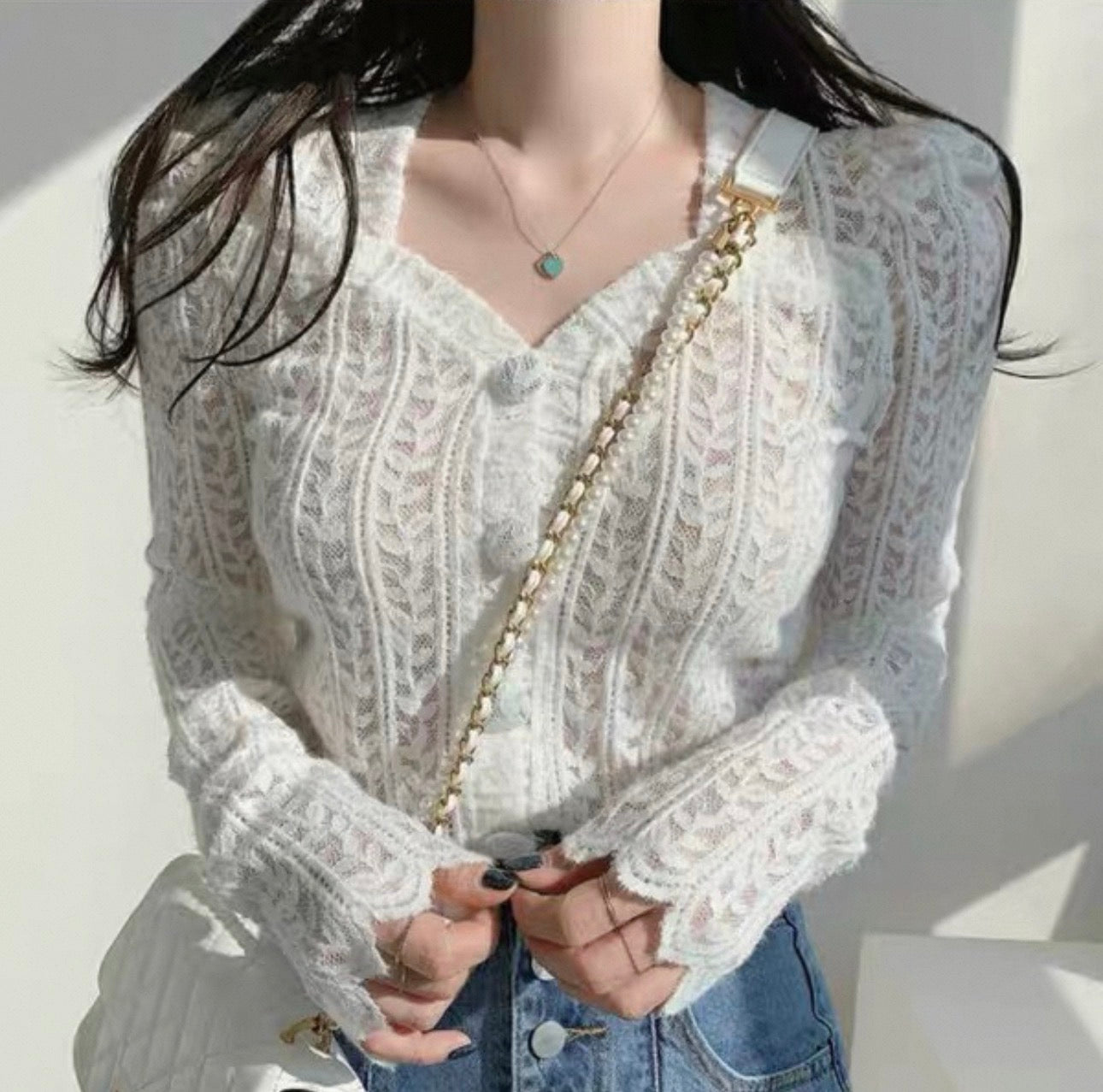 韓系心領葉子蕾絲鏤空針織上衣