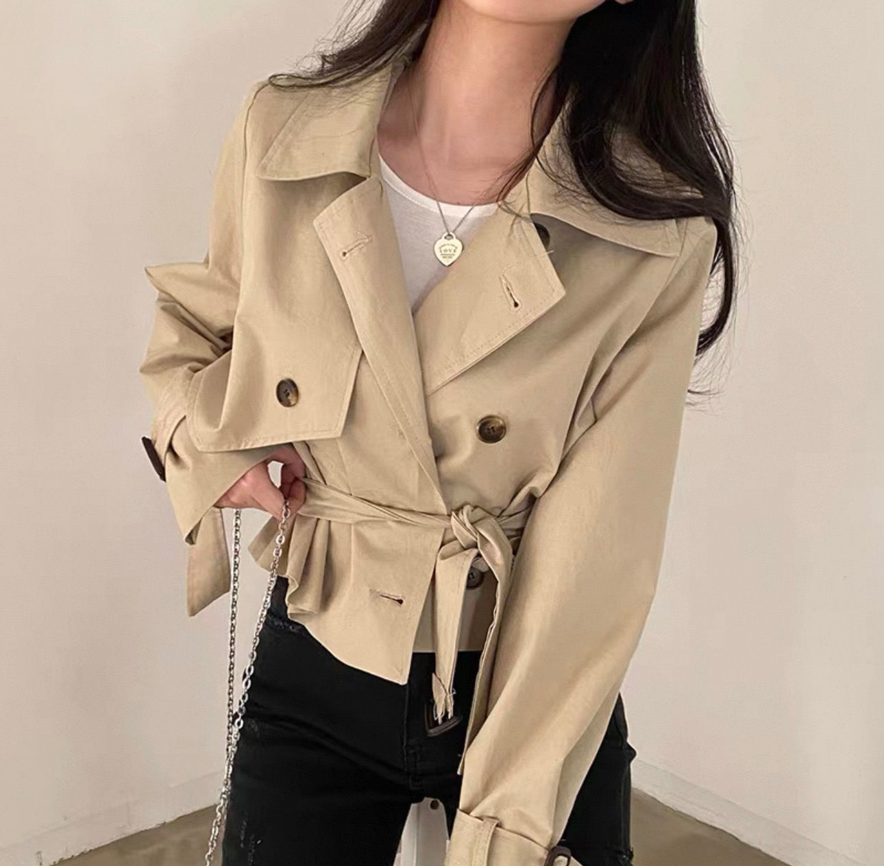韓系綁腰短風衣外套