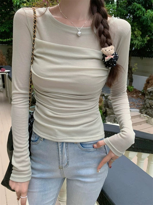 韓系半透肩拼褶皺緊身上衣