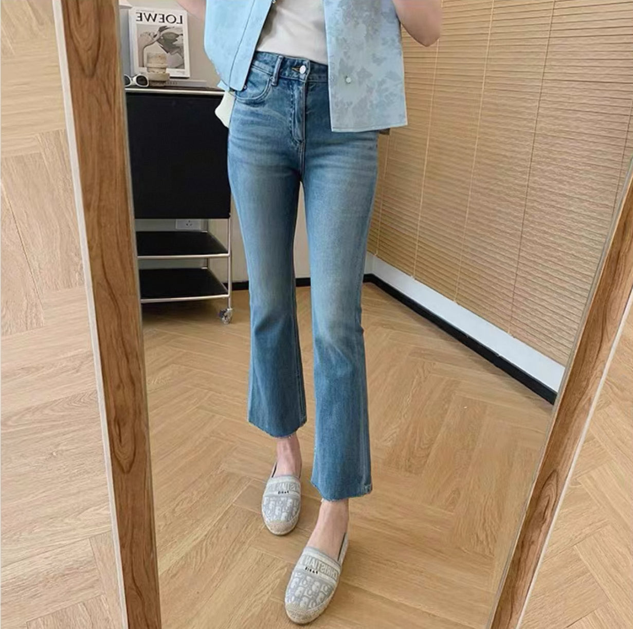 韓系高腰小喇叭九分牛仔褲