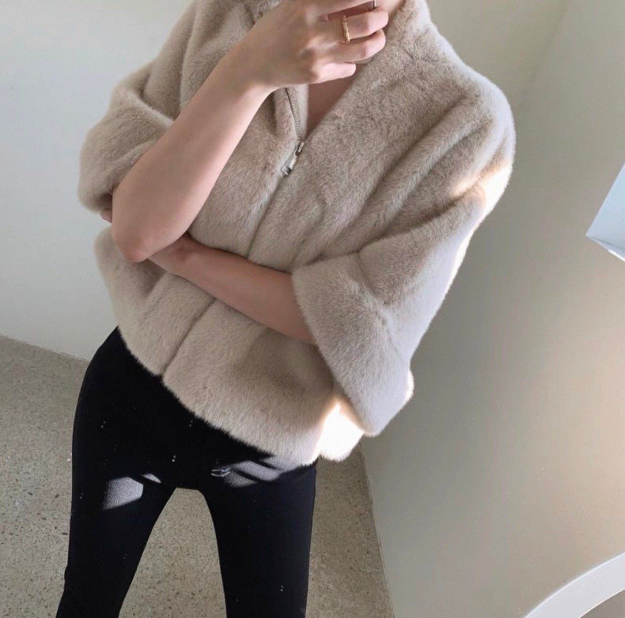 韓系中袖連帽拉鏈毛毛褸