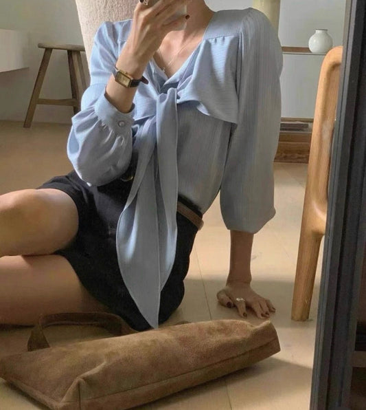 韓系V 領綁結暗條襯衫