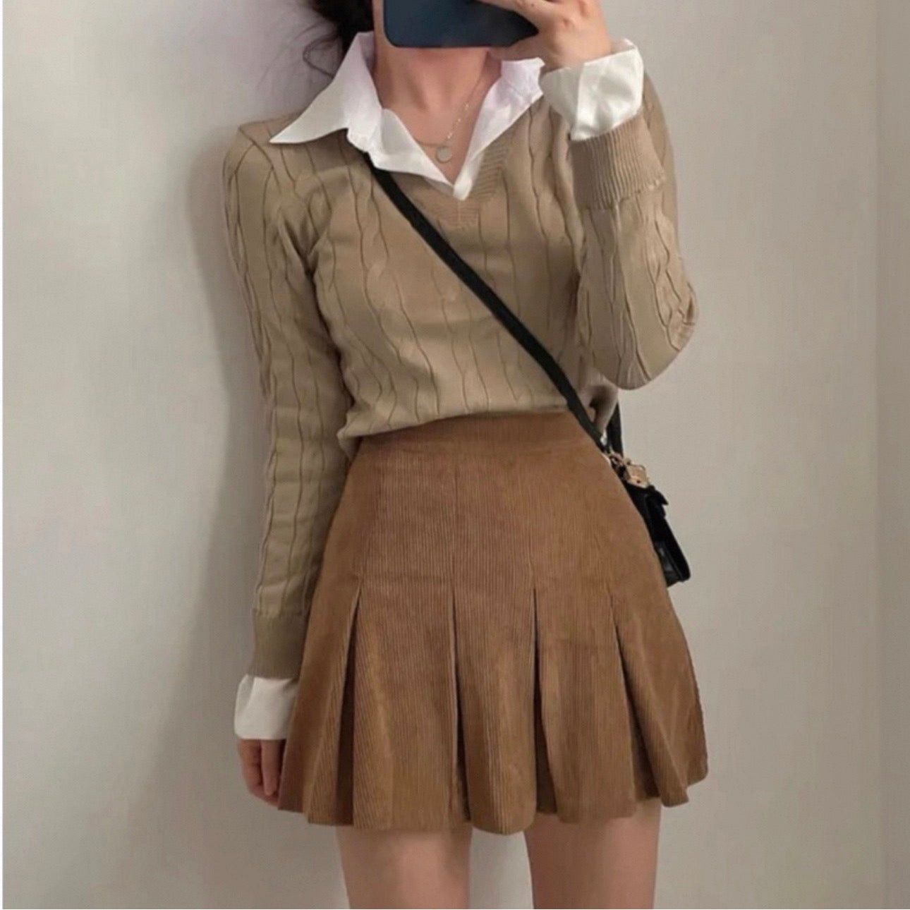 韓系襯衫領拼麻花針織假兩件上衣