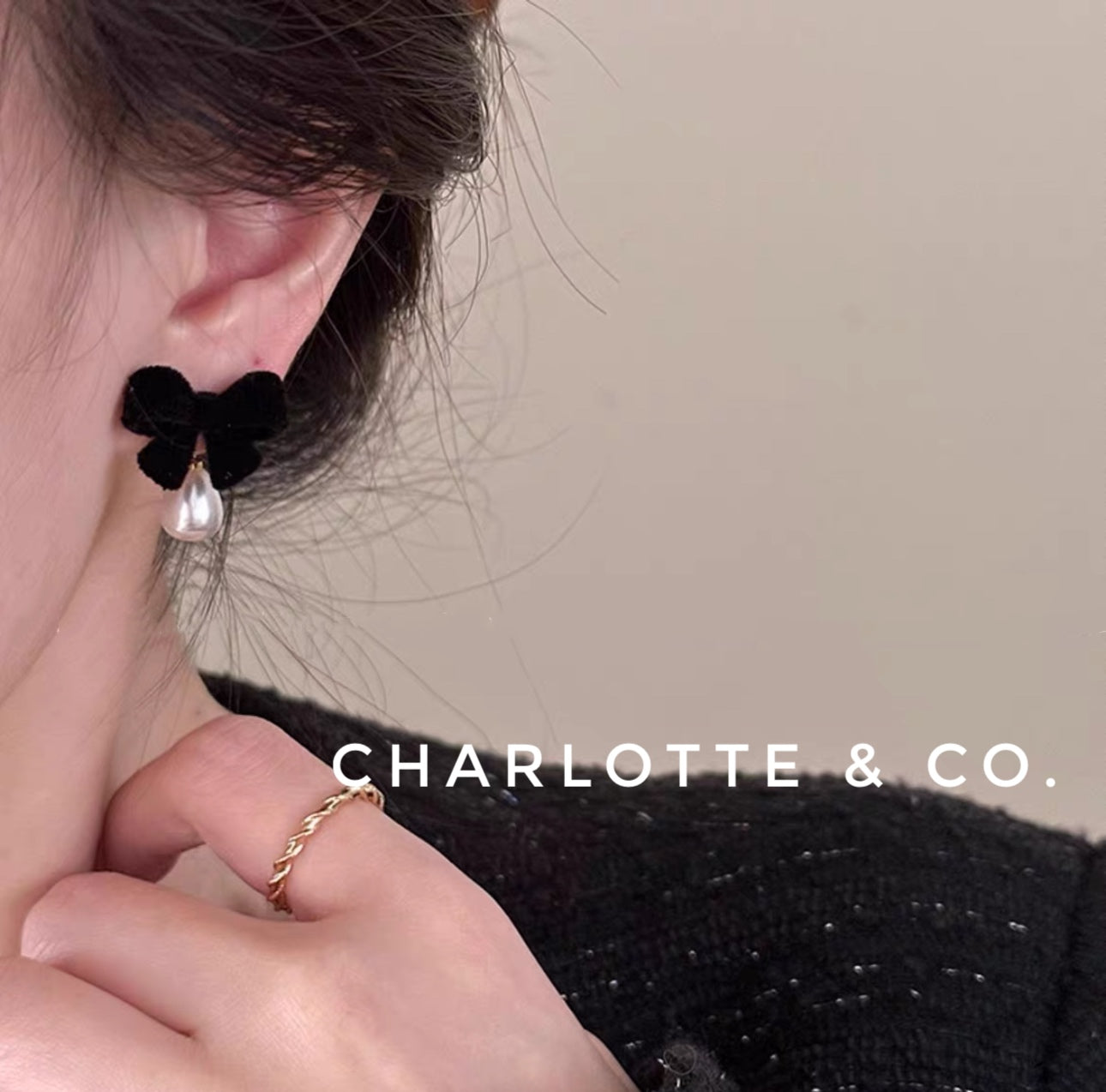 韓系蝴結小水滴珠耳環