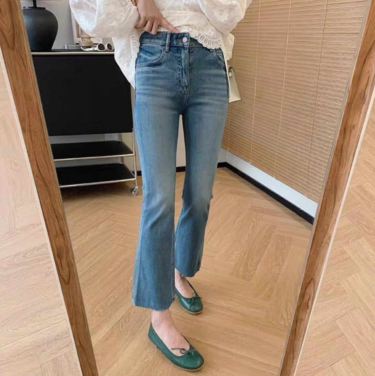 韓系高腰小喇叭九分牛仔褲