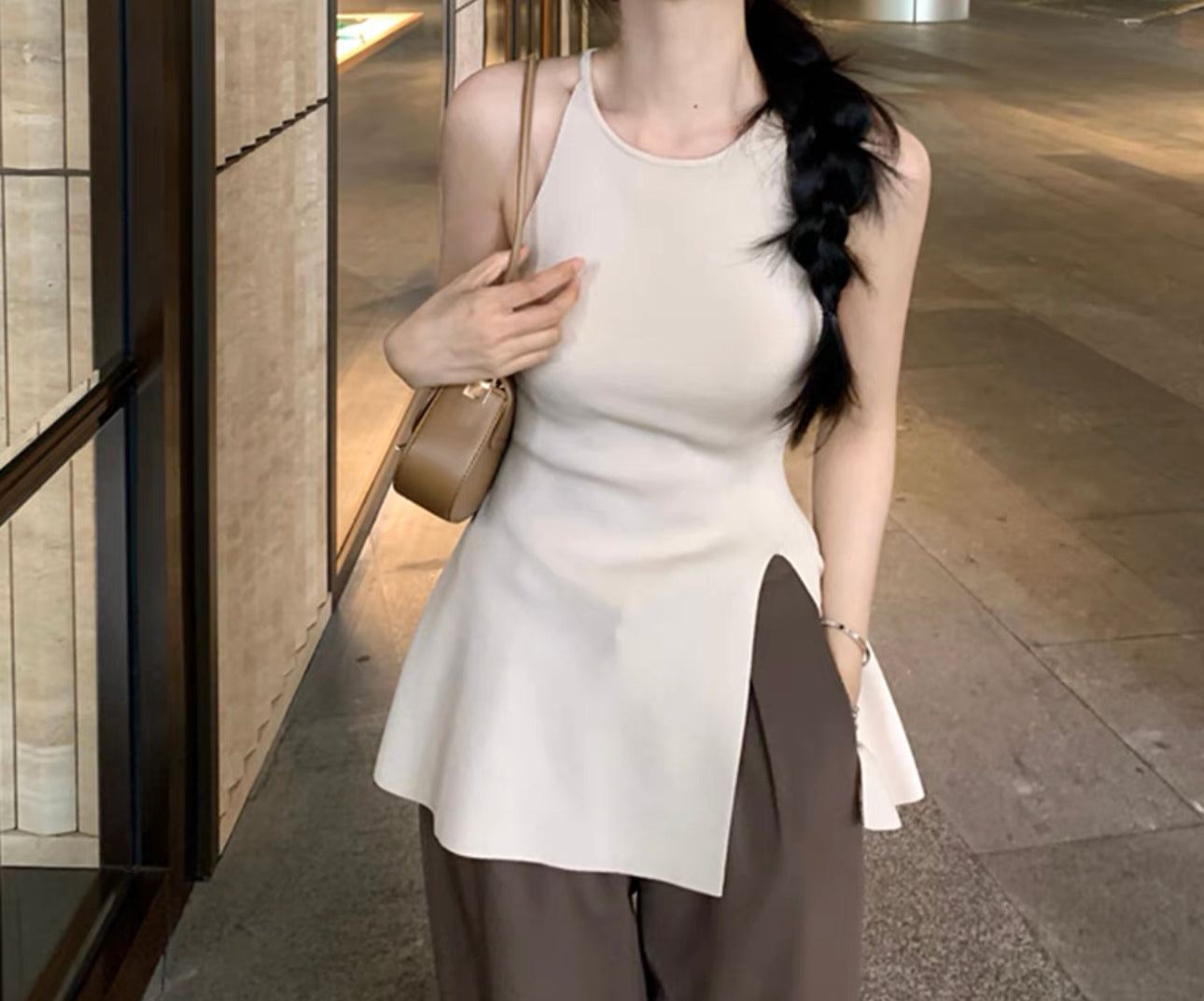 韓系掛項側叉針織背心