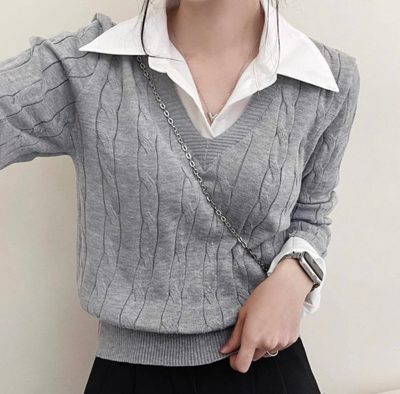 韓系襯衫領拼麻花針織假兩件上衣