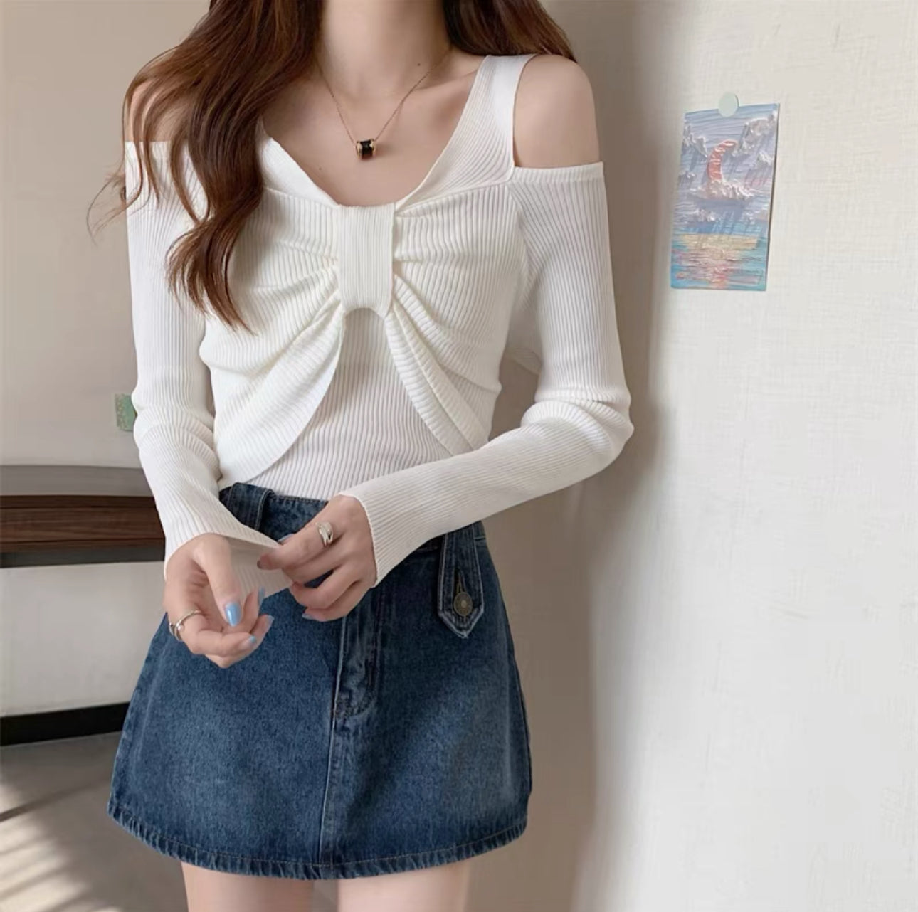 韓系一字肩蝴結針織上衣