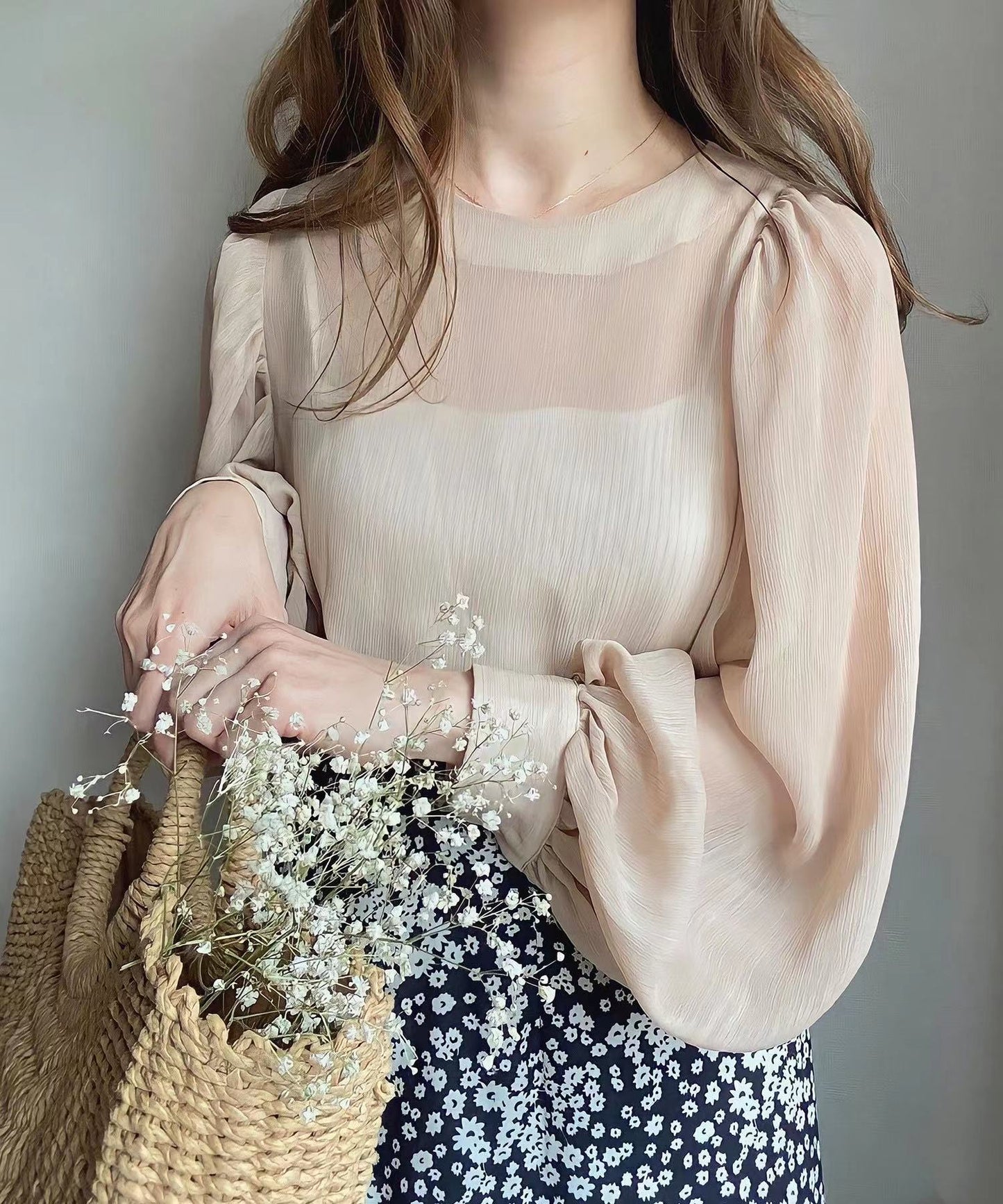 韓系透視泡泡袖上衣連吊帶Set