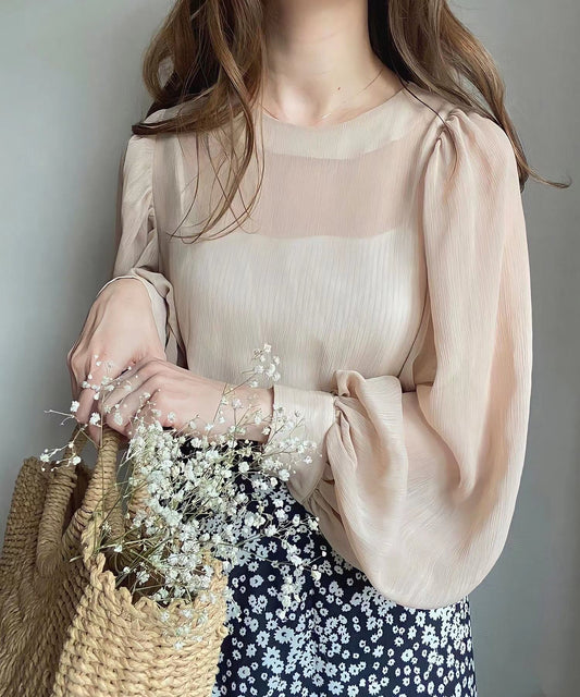 韓系透視泡泡袖上衣連吊帶Set
