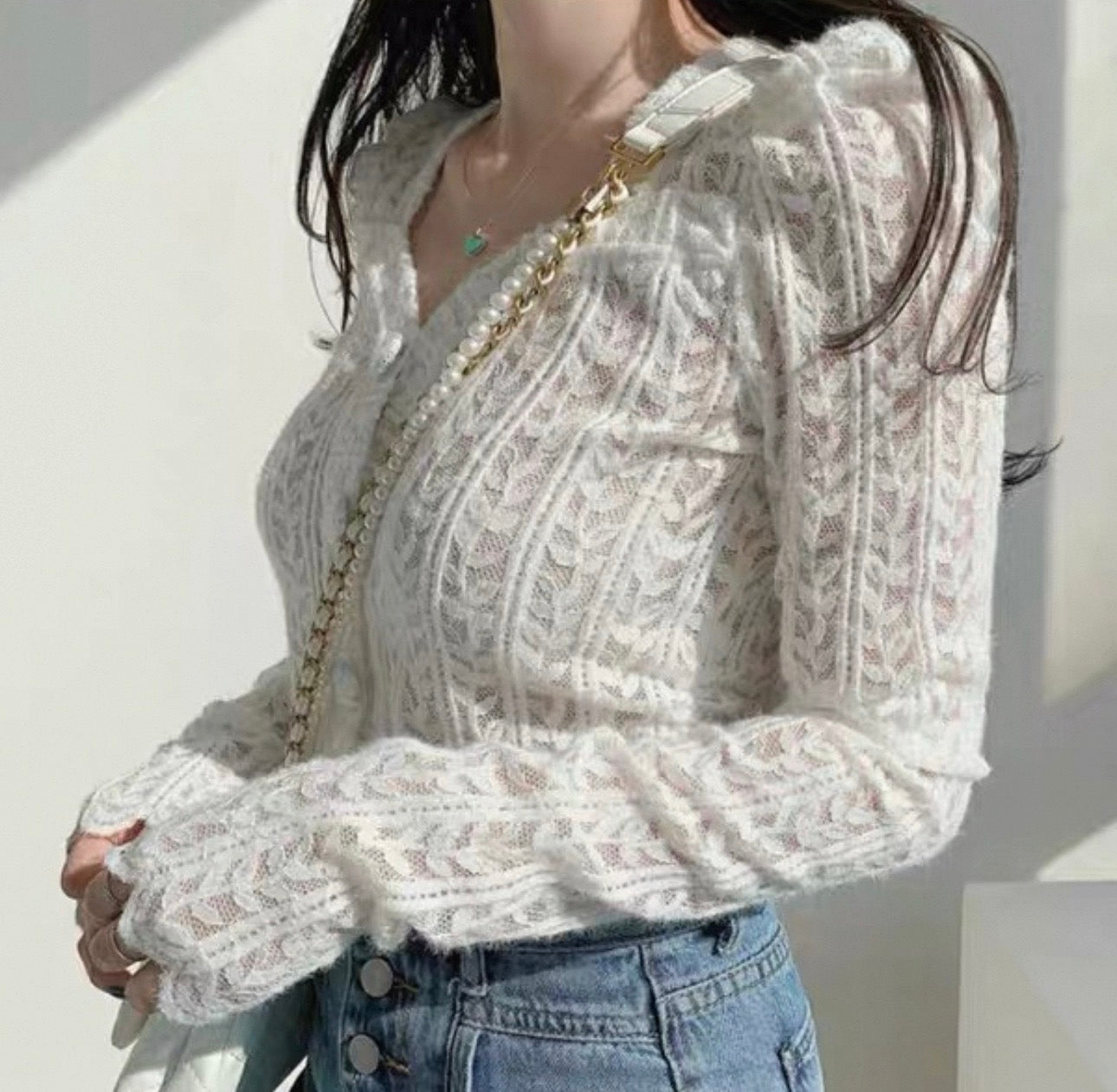 韓系心領葉子蕾絲鏤空針織上衣