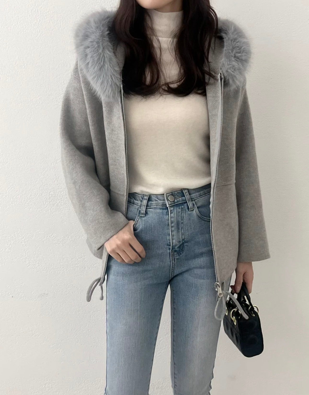 韓系毛毛帽拉鏈針織外套