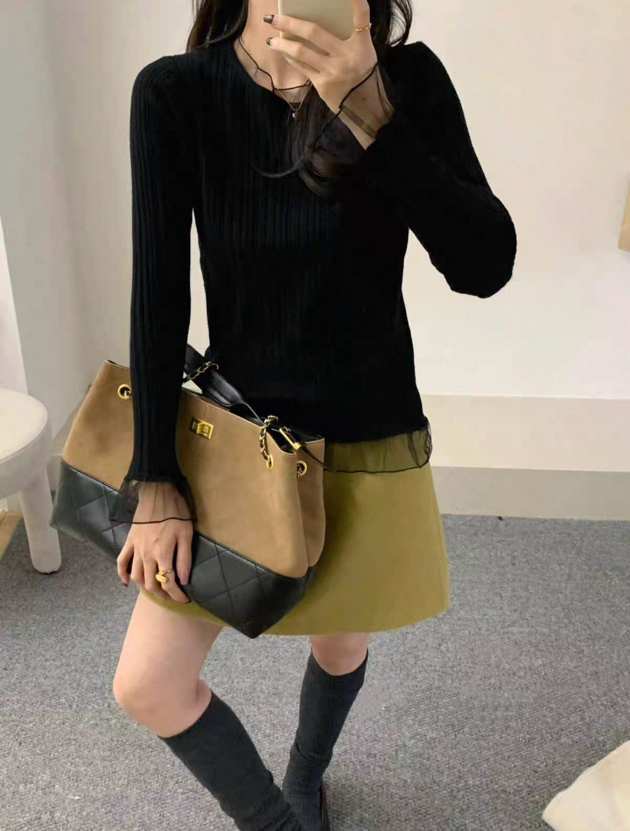 韓系坑紋拼紗邊上衣