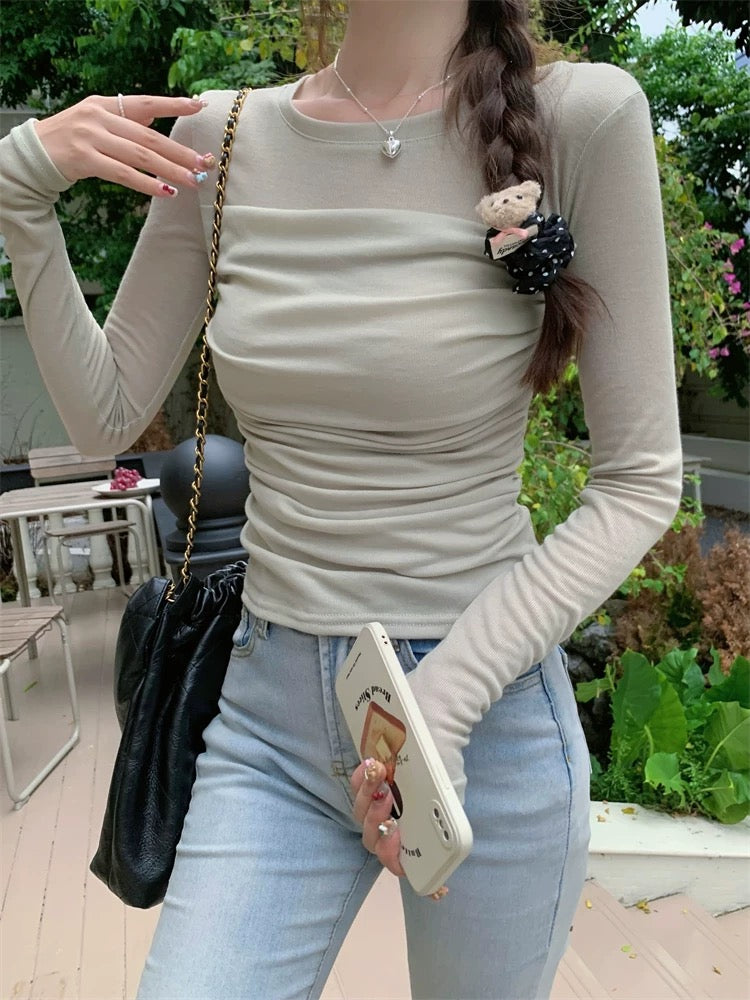 韓系半透肩拼褶皺緊身上衣