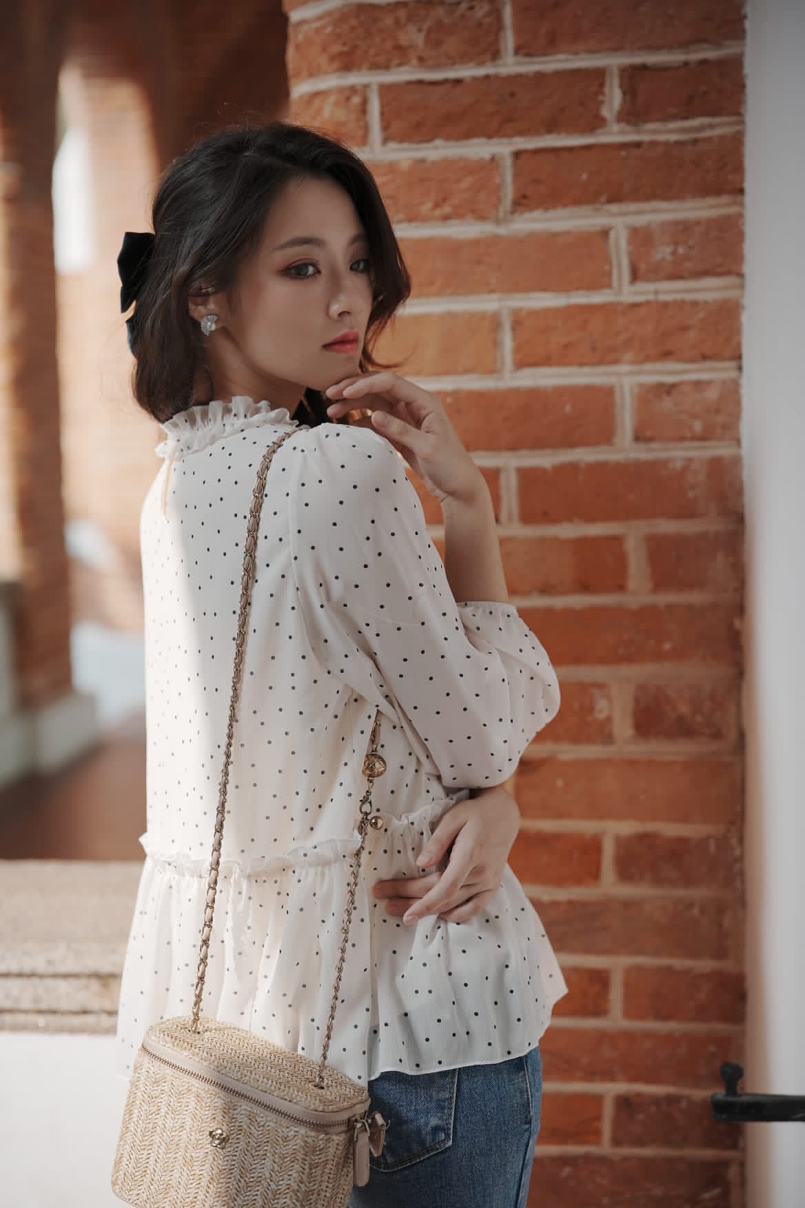 韓系小花領點點娃娃上衣