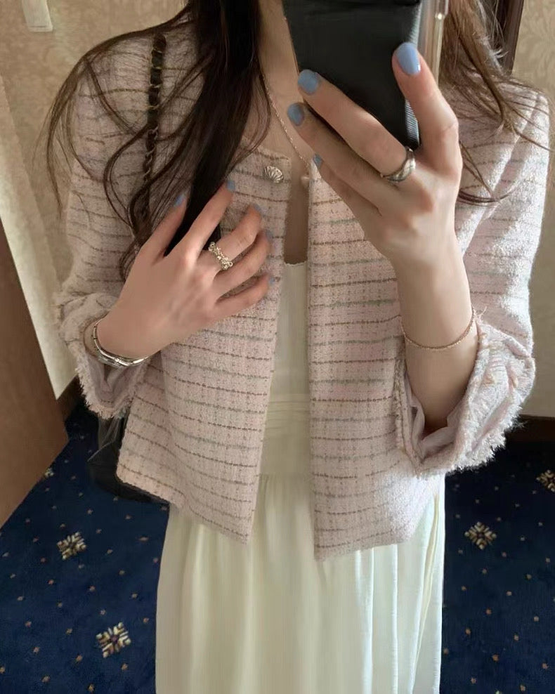 韓系流蘇袖格子小香風外套